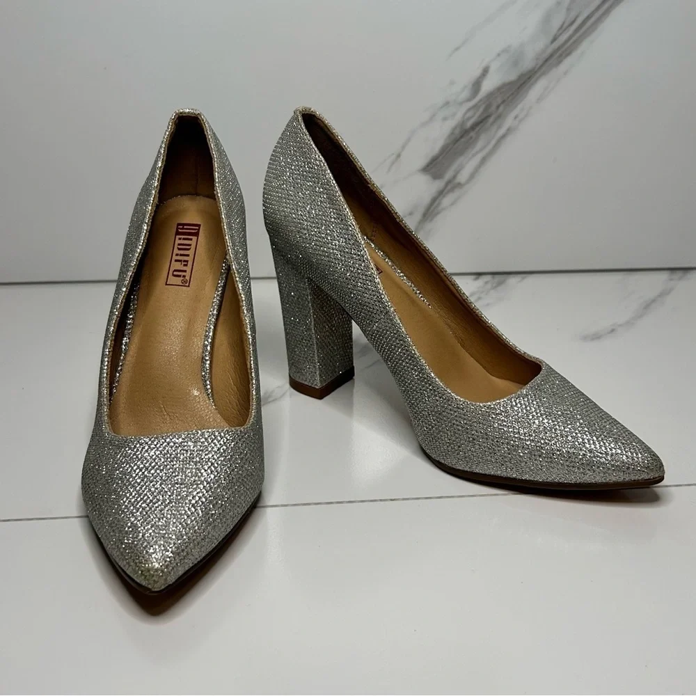 IDIFU Glittering Silver Block Heels Size 6.5